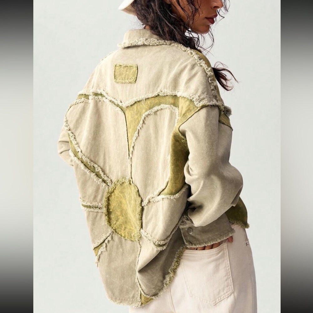 🌻HP⭐️ Flower jacket green floral distressed pocket mineral washed denim style